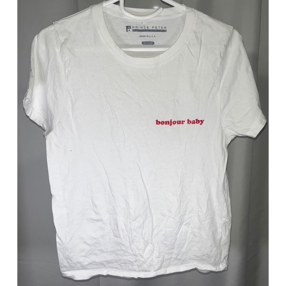 Prince Peter Bonjour Baby Graphic T-Shirt White Red Text Minimalist Tee Medium
